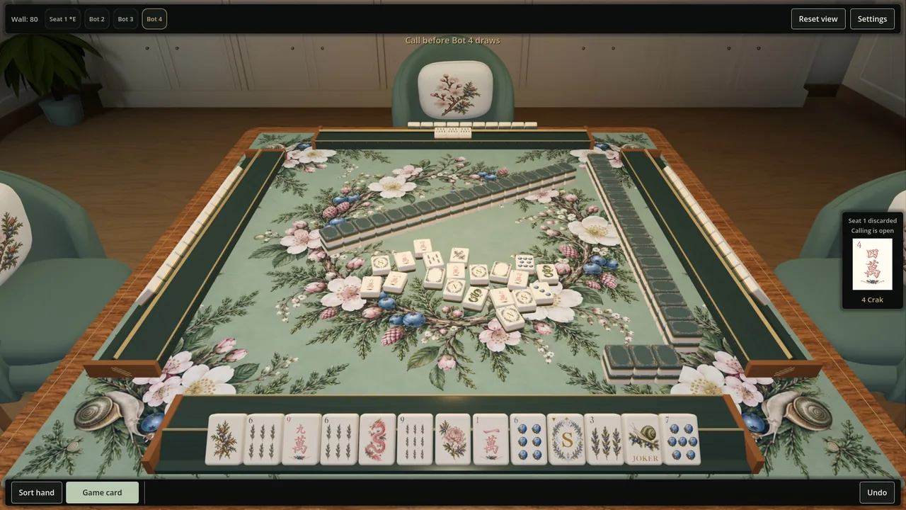 The view from your seat: your rack of Sprigs & Snails tiles, loose discards scattered across the floral felt, and a diagonal wall of tiles.