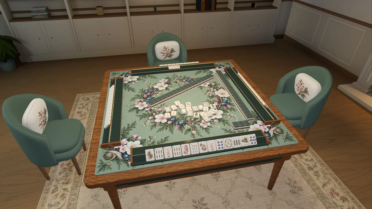 An overhead view of the furnished botanical room and oak mahjong table with floral felt and green upholstered chairs.
