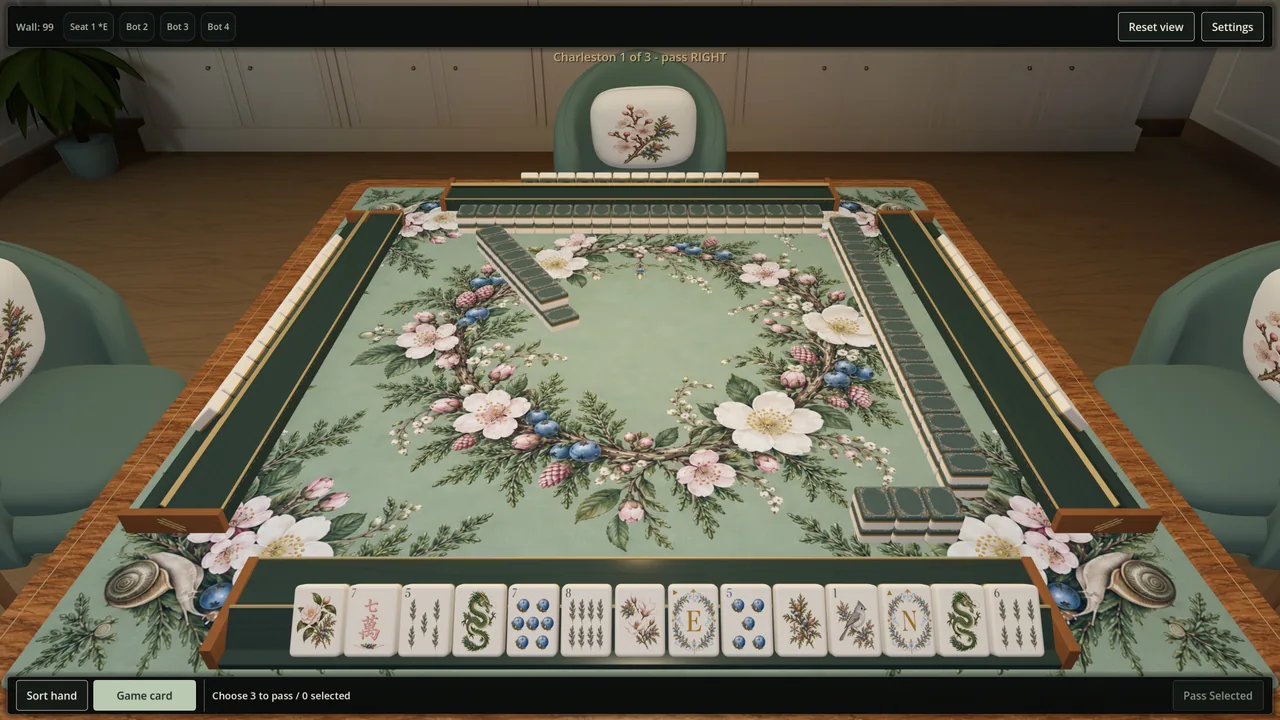 The first Charleston pass: the walls are built around the floral felt while the player chooses three tiles to pass right.