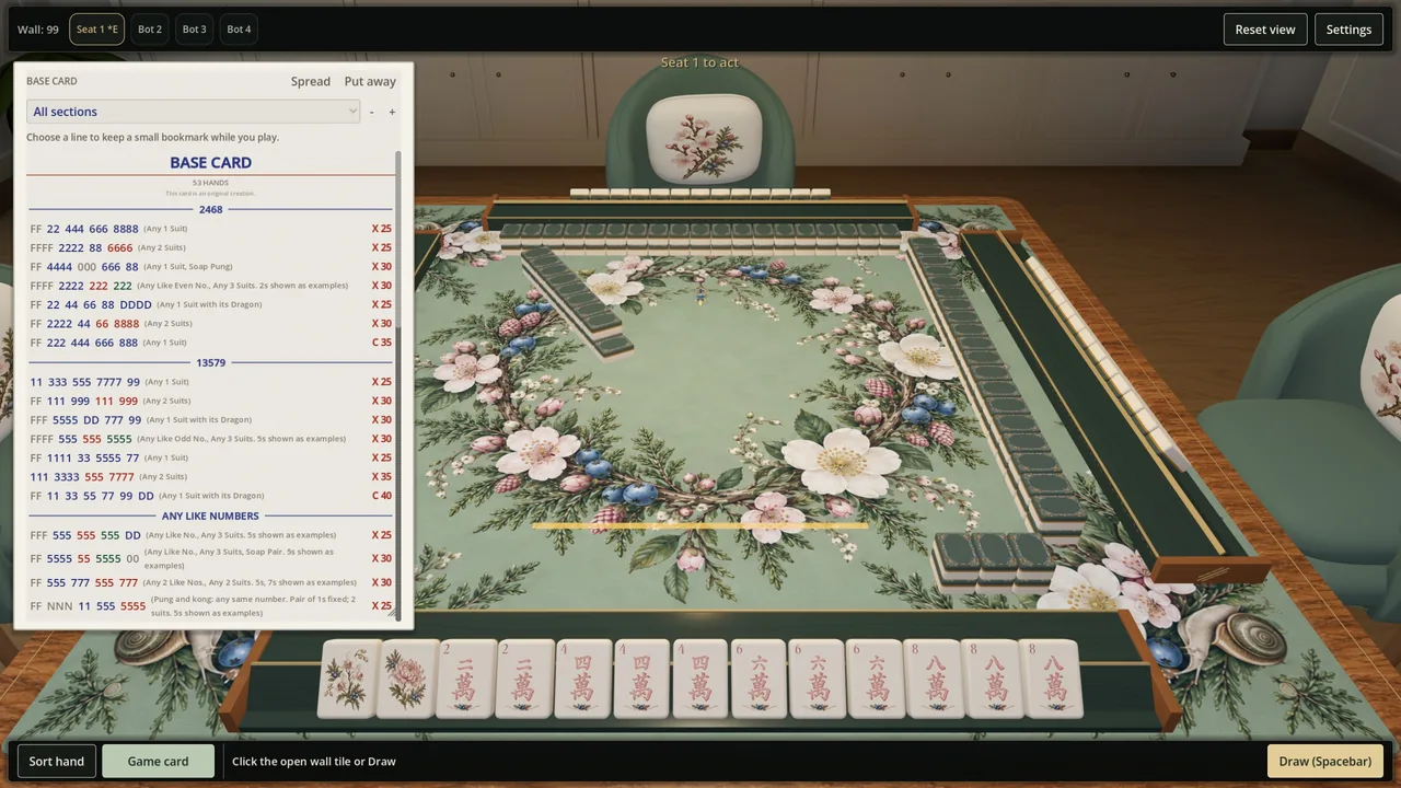 The original game card open beside the player's rack, listing hand patterns and point values.