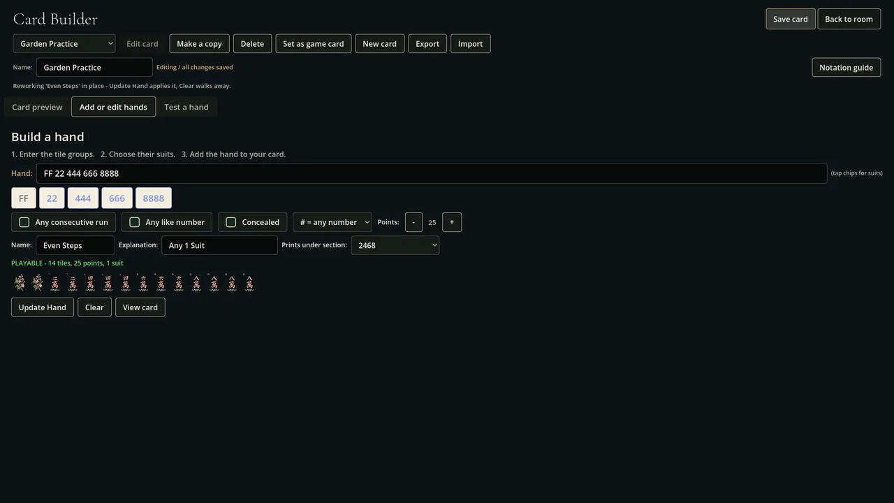 The Card Builder editing an original hand on a Garden Practice card, with suit choices, scoring controls, a tile preview, and a playable-hand validation result.
